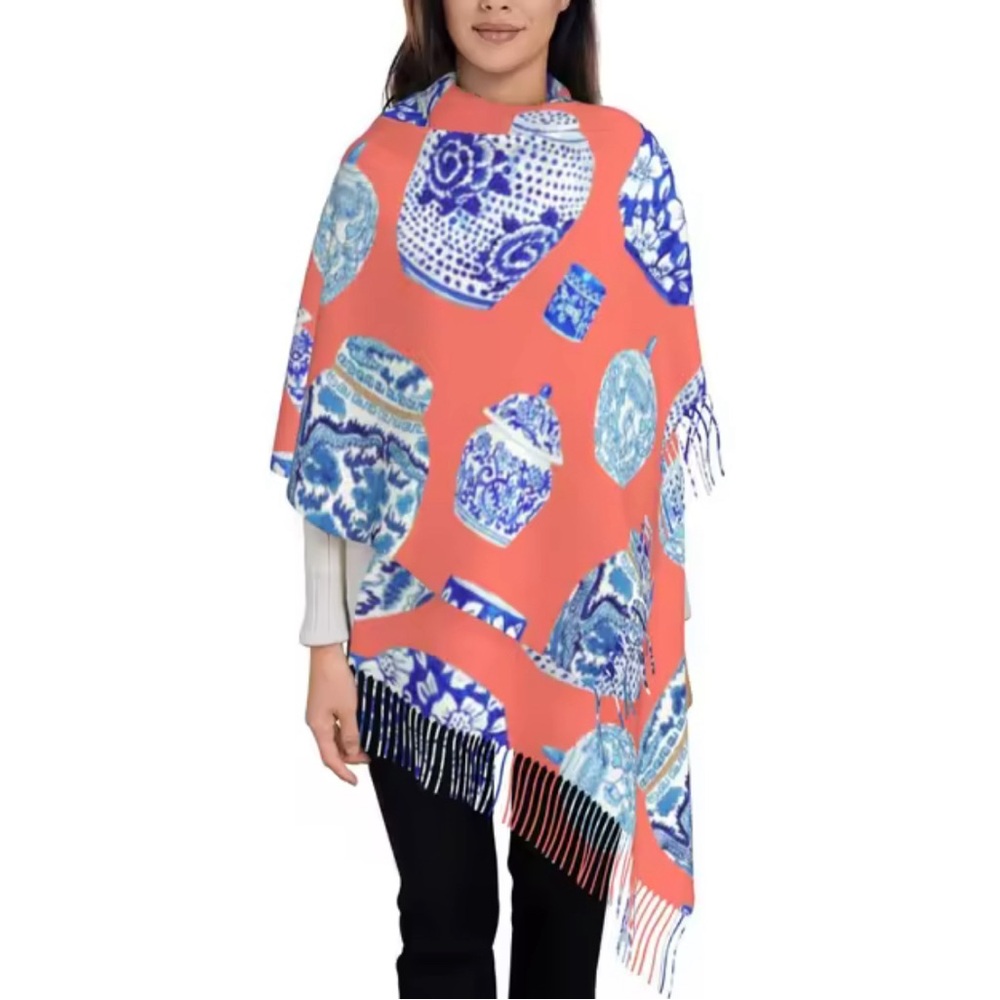 Elegant Warm decorative ginger jar print tassel edge scarf shawl